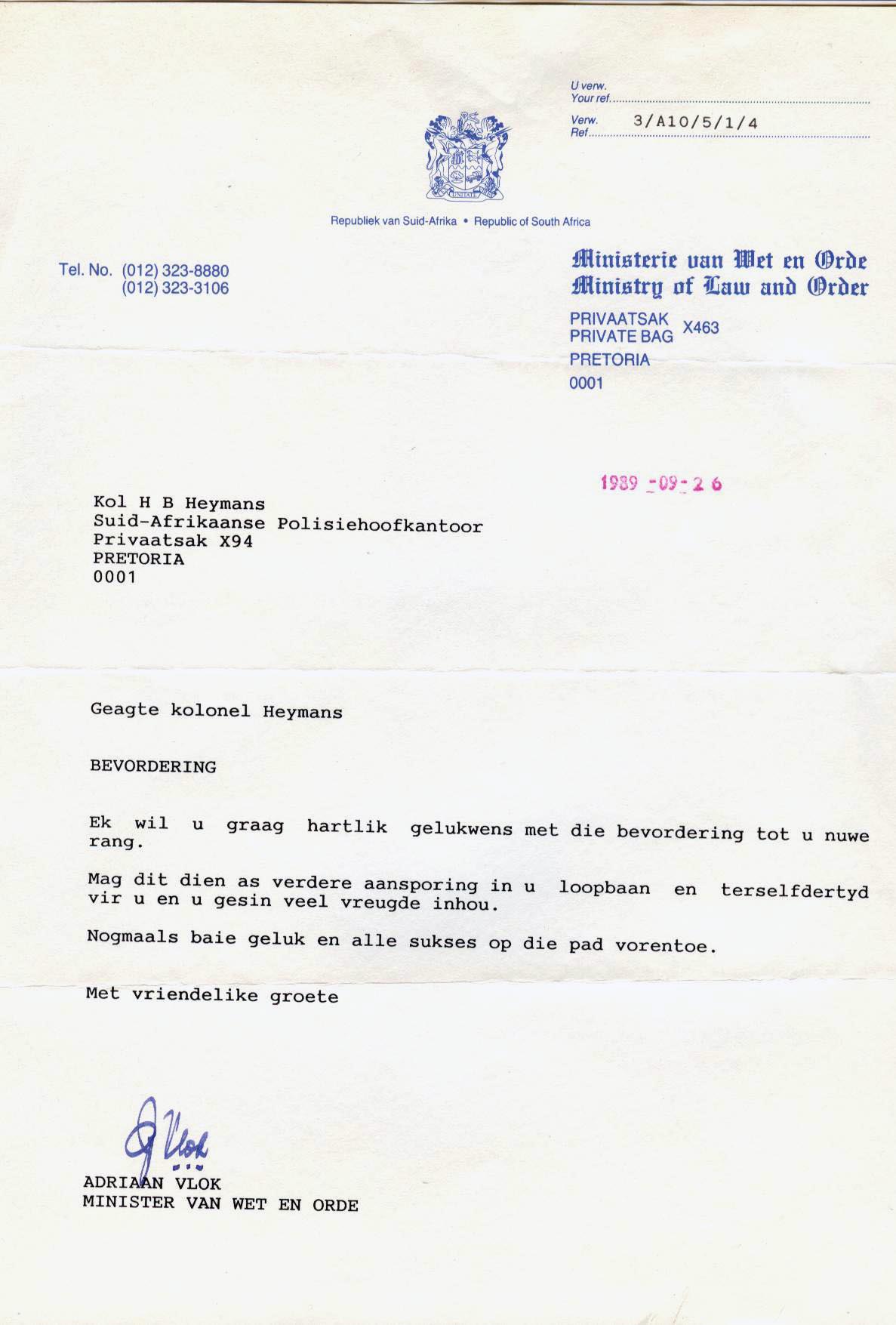 1989 - Congratulatory letter from Minister Vlok on Promotion